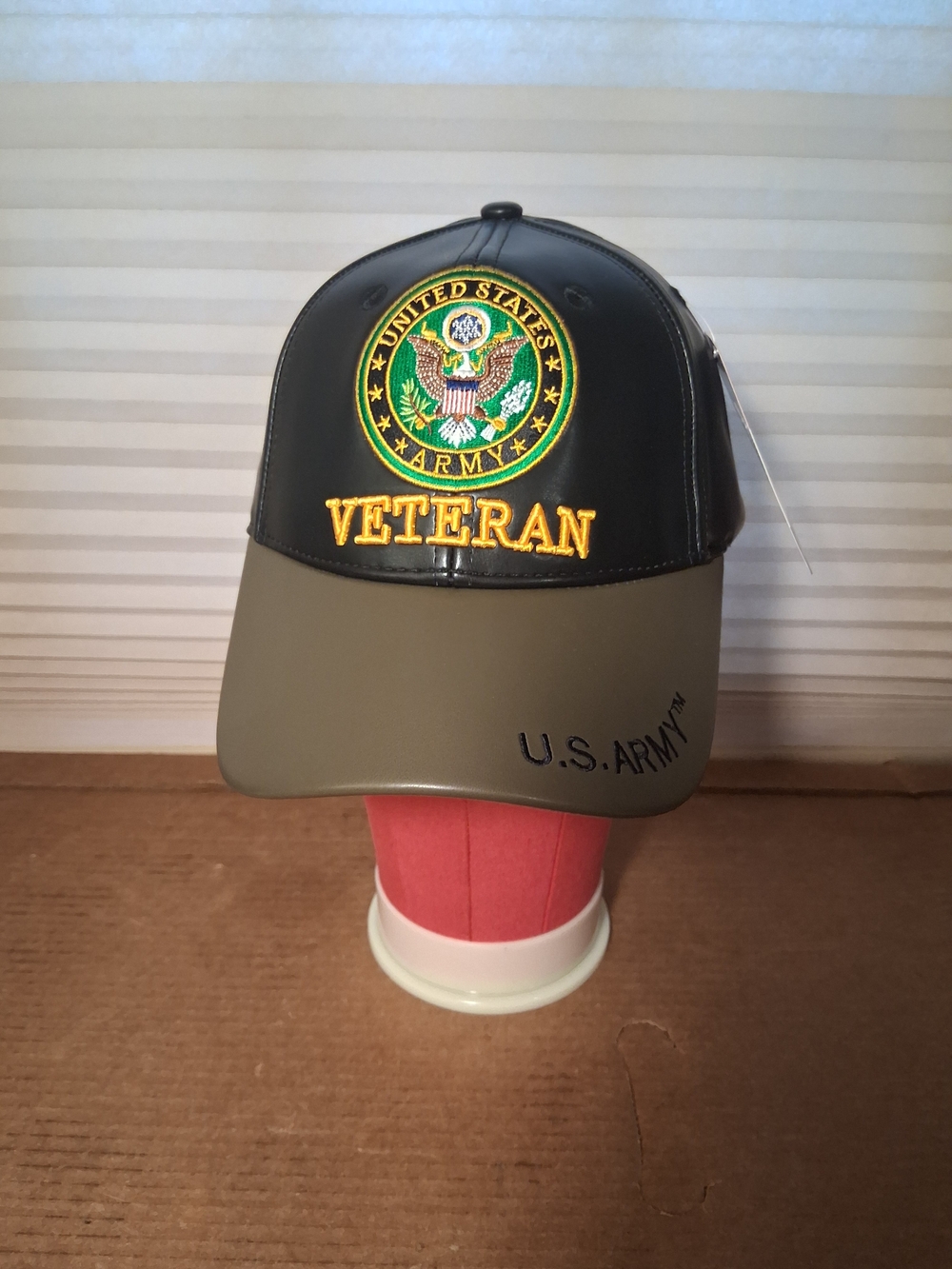 U.S. Army Veteran Embroidered Cap - Black and Olive Polyurethane Leather